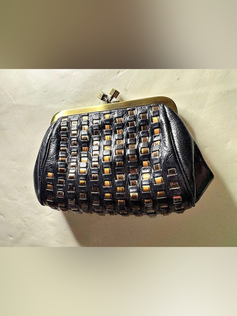 Botkier Geometric Woven leather Clutch in Black & Gold
